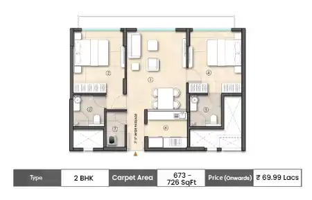 2 BHK 673 to 726 SqFt floor plan