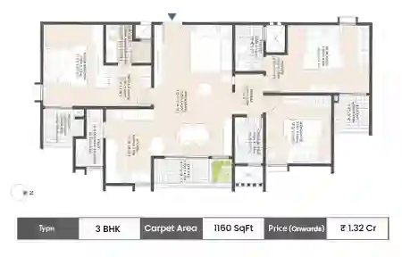 3 BHK 1160 SqFt floor plan